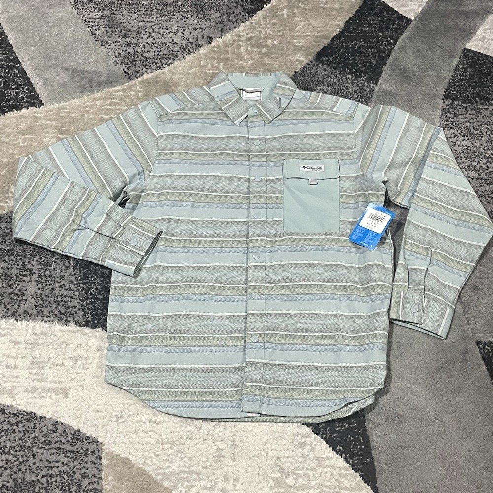 Columbia PFG Flannel Over Shirt Men Medium Blue Striped Fishing Outdoor‎ NEW